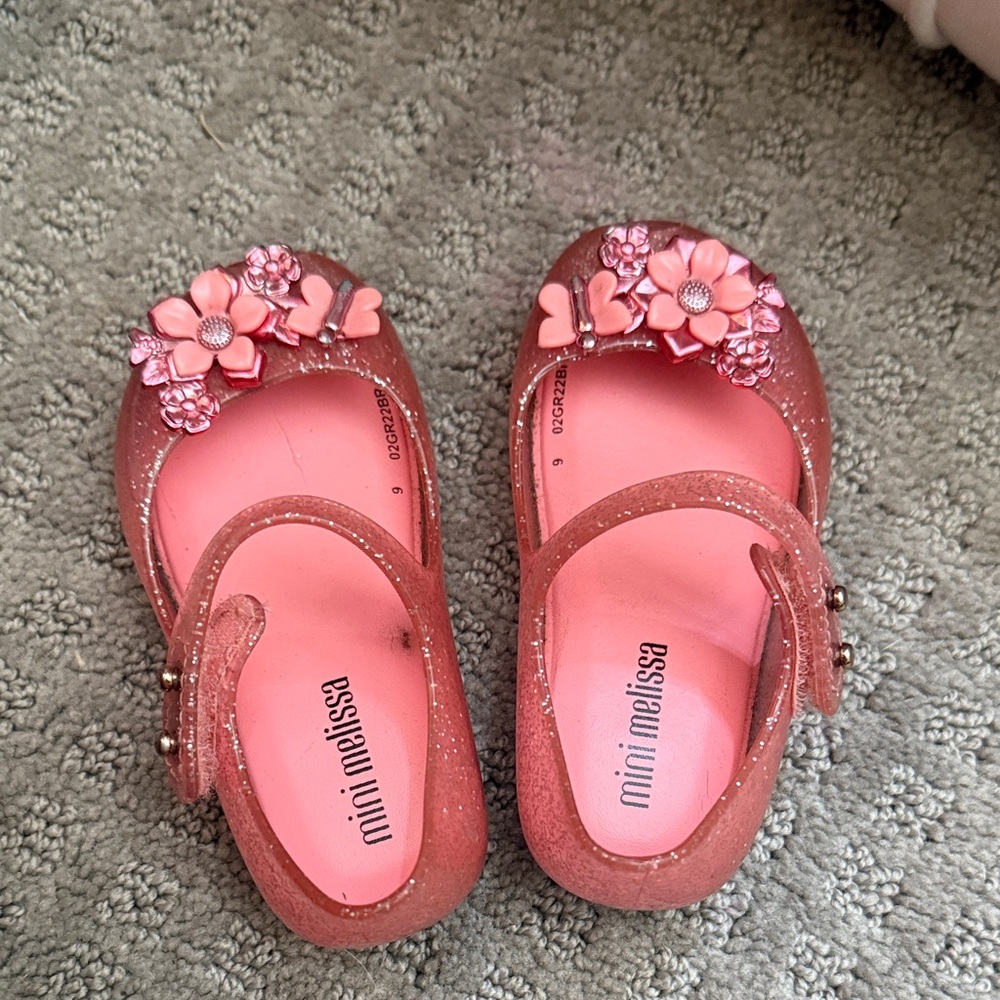 Mini Melissa Sparkle Pink Flower Mary Janes